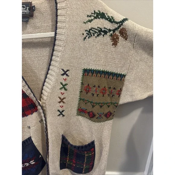 VTG Woolrich Cottage Core Cardigan Sweater Women's S Beige Patchwork - Picture 5 of 7